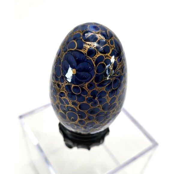 Hand-Painted Floral Wooden Egg Blue and Gold Asian Art With Black Stand je215 - Picture 11 of 12
